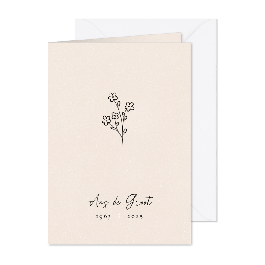Rouwkaart met vergeet-mij-nietje in zacht beige kleur - Kaartimpressie