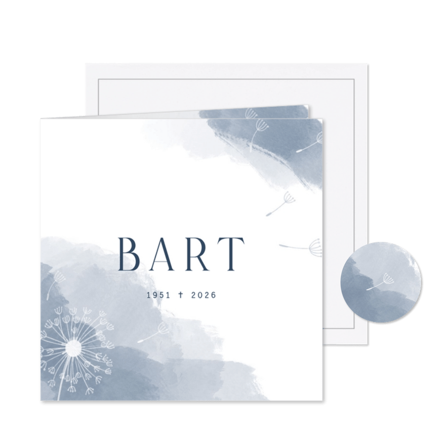 Rouwkaart met waterverf donkerblauw paardenbloem - Kaartimpressie