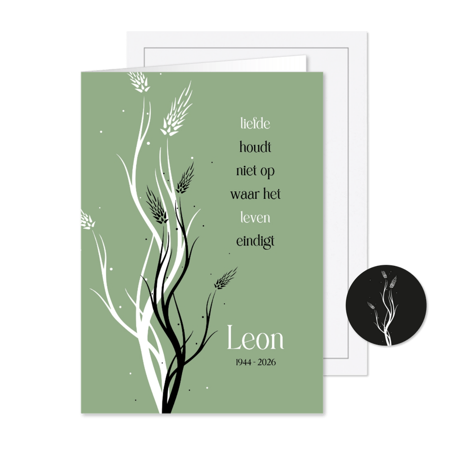 Rouwkaart met zwart-wit gestileerde graanranken - Kaartimpressie
