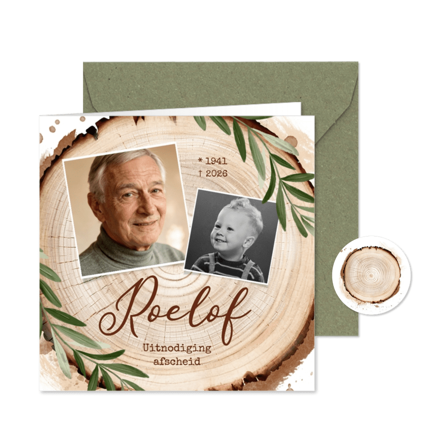Rouwkaart natuur boomstam jaarringen foto's takje stoer - Kaartimpressie