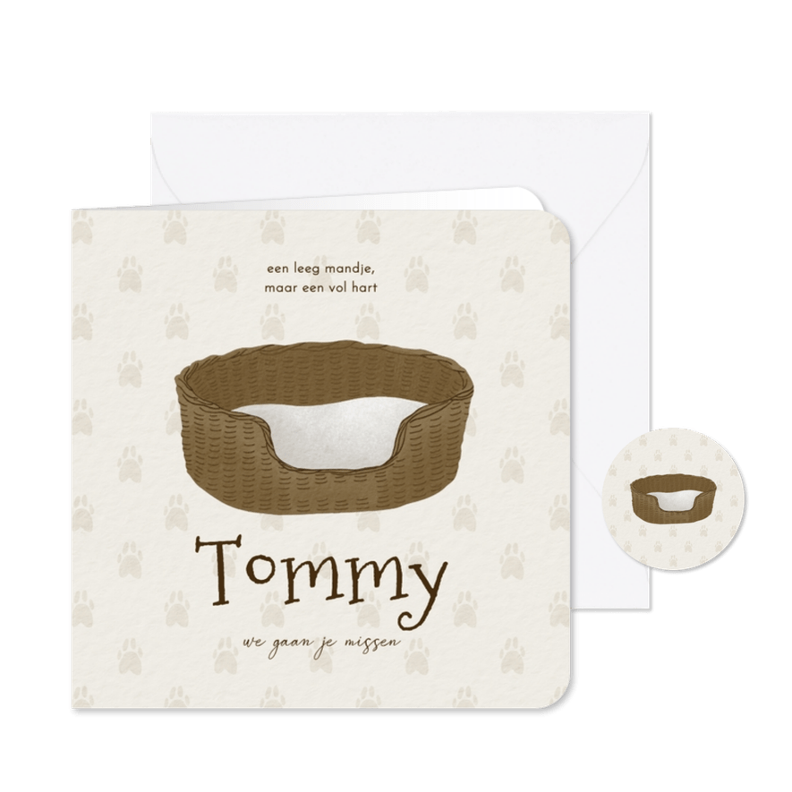 Rouwkaart overleden huisdier hond leeg mandje pootjes - Kaartimpressie