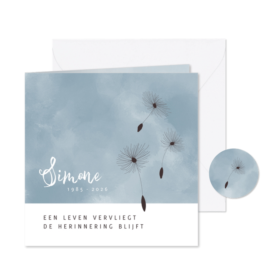 Rouwkaart paardenbloemen op waterverf achtergrond - Kaartimpressie