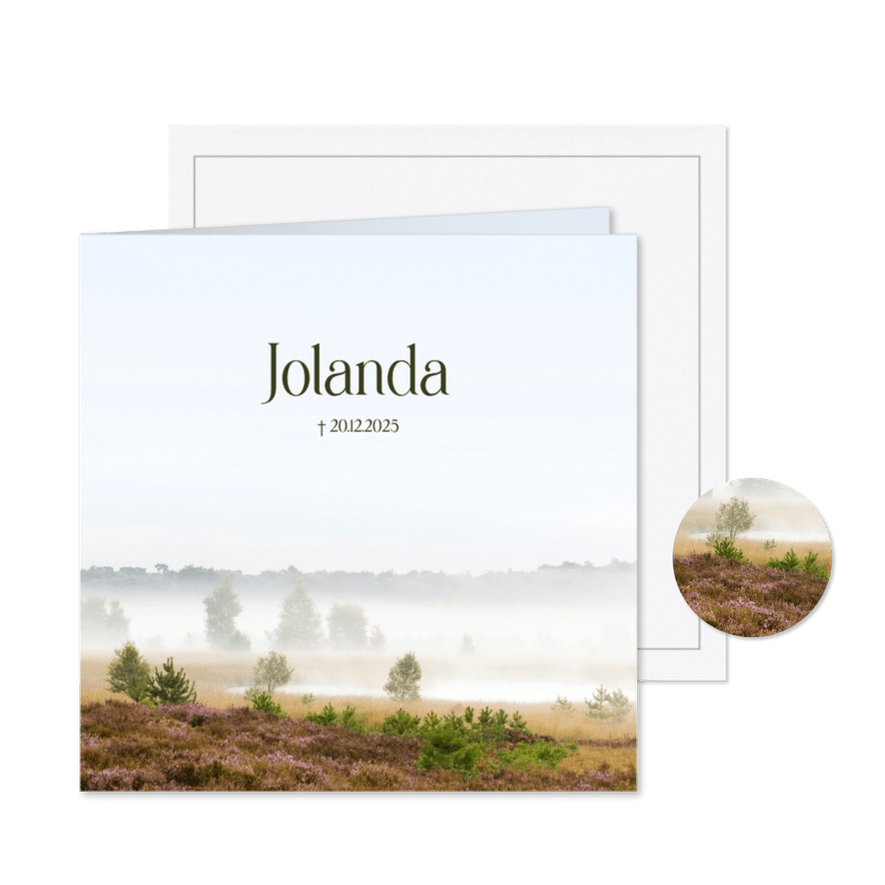 Rouwkaart paars heidelandschap met mist - Kaartimpressie