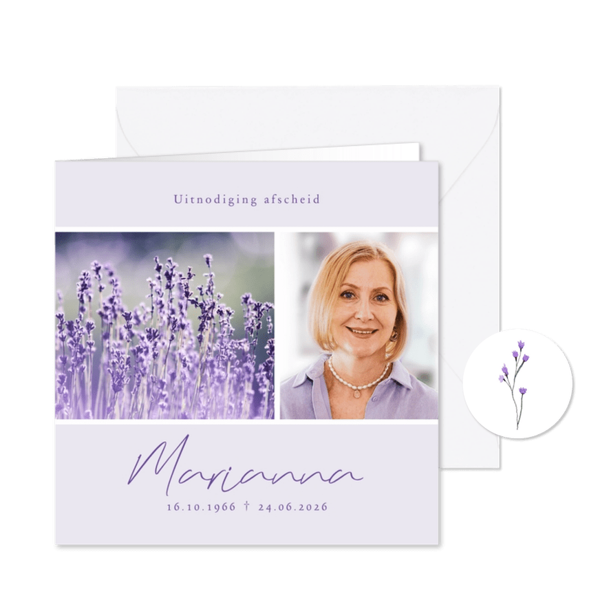 Rouwkaart paars lavendel foto stijlvol modern - Kaartimpressie