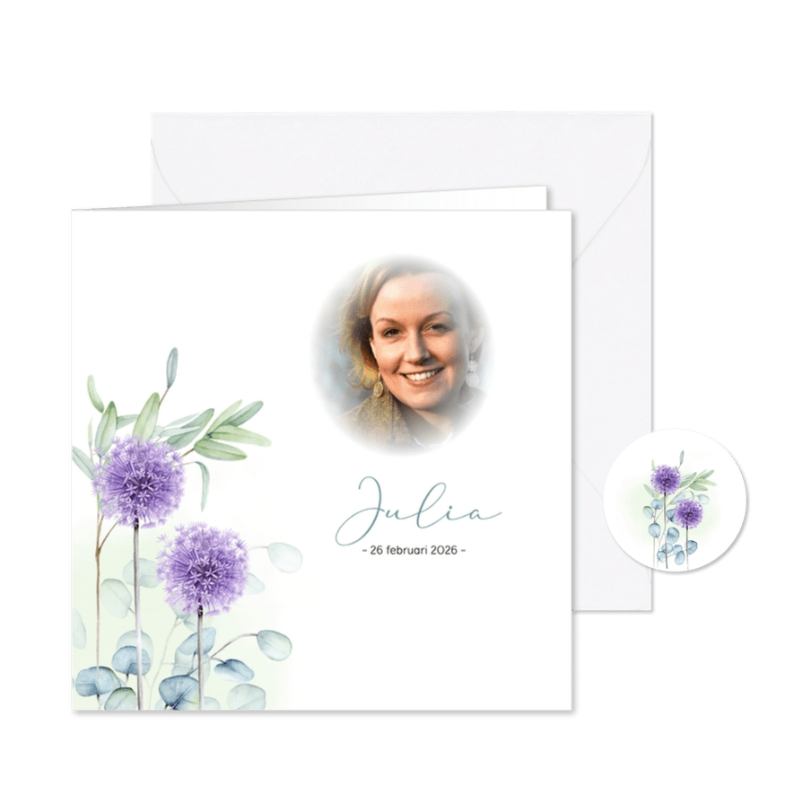 Rouwkaart paarse alliumbloem eucalyptus - Kaartimpressie