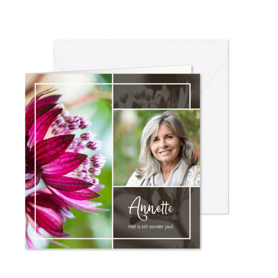 Rouwkaart purple bloem groen en eigen foto - Kaartimpressie
