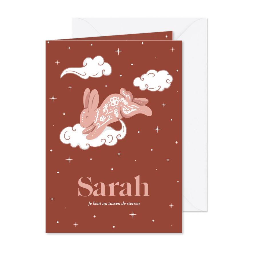 Rouwkaart roze met konijntje in de wolken en sterren  - Kaartimpressie
