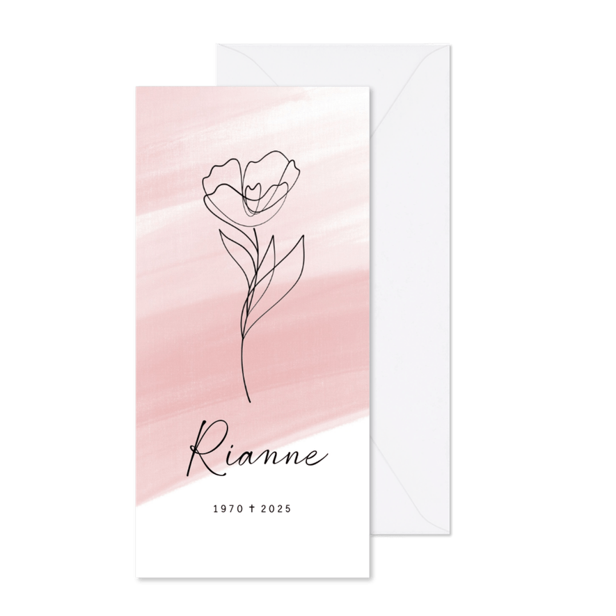 Rouwkaart roze waterverf met lijntekening van pioenroos - Kaartimpressie
