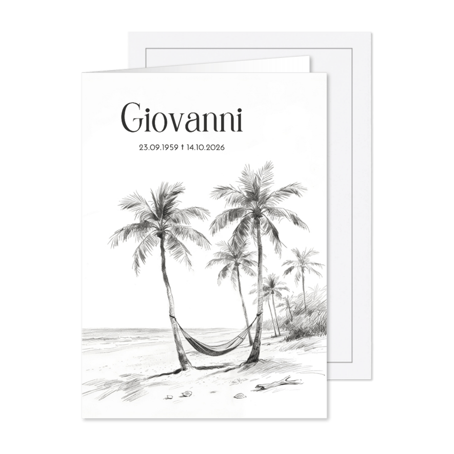 Rouwkaart schets strand met palmbomen hangmat - Kaartimpressie