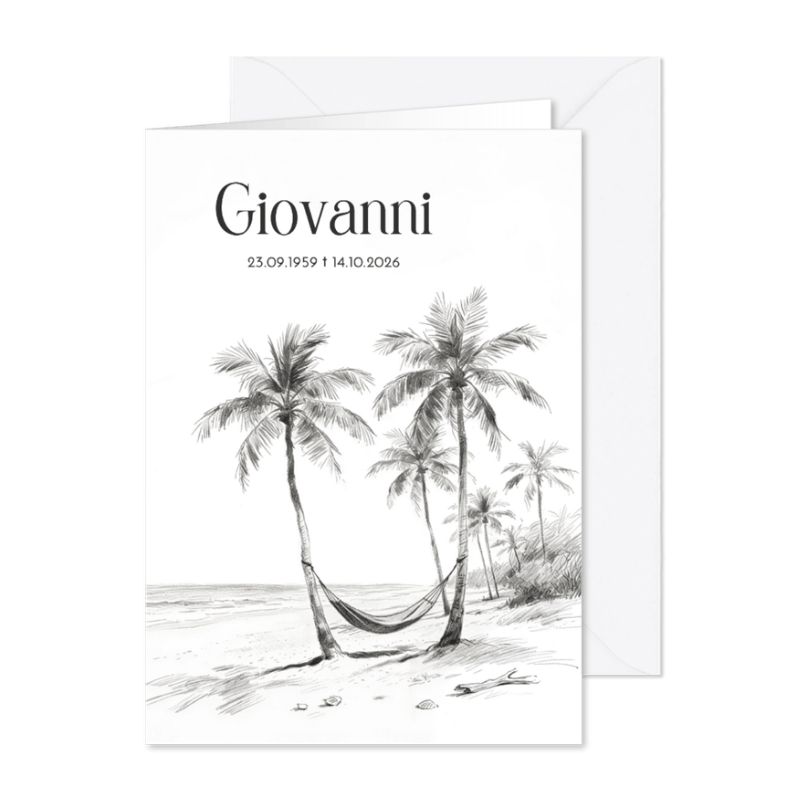 Rouwkaart schets strand met palmbomen hangmat - Kaartimpressie