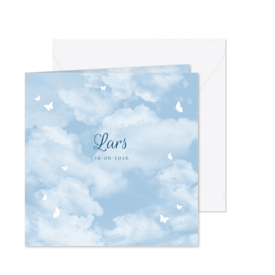Rouwkaart sterrenkindje wolken vlinders jongen - Kaartimpressie