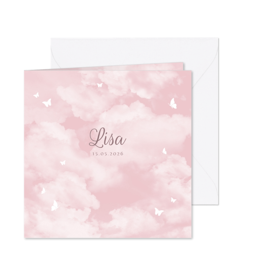 Rouwkaart sterrenkindje wolken vlinders meisje - Kaartimpressie