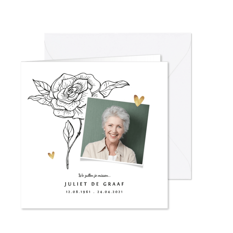 Rouwkaart stijlvol bloemen foto hartjes - Kaartimpressie
