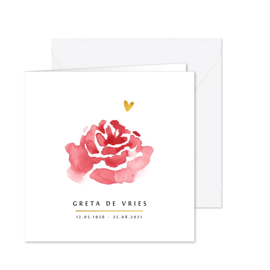 Rouwkaart stijlvol geschilderde roos met gouden hartje - Kaartimpressie