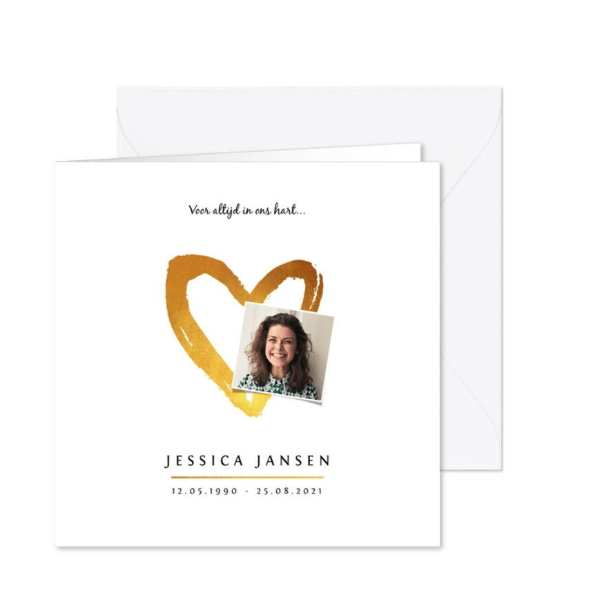 Rouwkaart stijlvol klassiek met goudlook hart en foto - Kaartimpressie