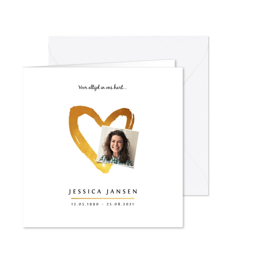 Rouwkaart stijlvol klassiek met goudlook hart en foto - Kaartimpressie