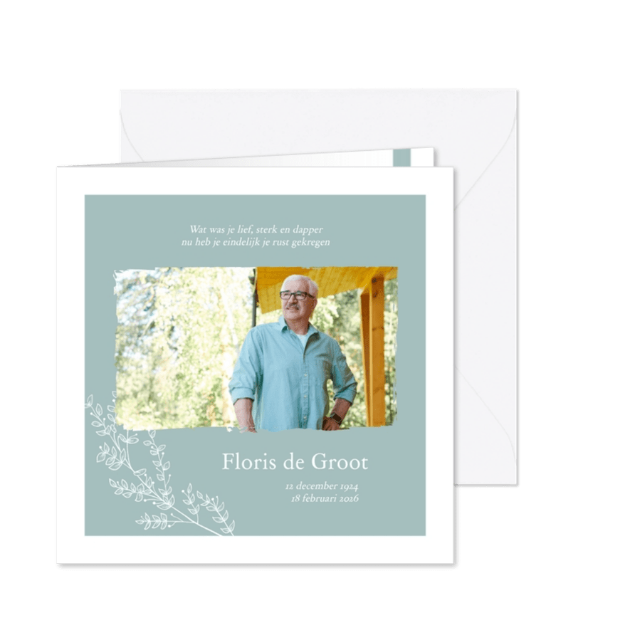 Rouwkaart - stijlvol met foto en bloemen - Kaartimpressie