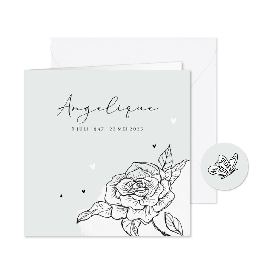 Rouwkaart stijlvol roos lijntekening vlinder hartjes foto - Kaartimpressie