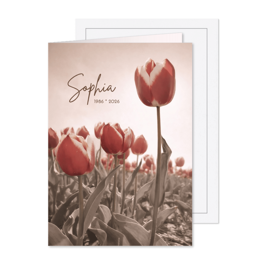 Rouwkaart tulpenveld sepia rood - Kaartimpressie