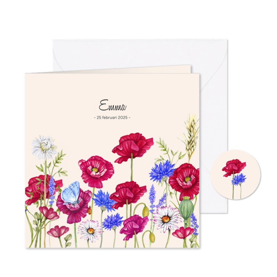 Rouwkaart veldbloemen klaprozen - Kaartimpressie