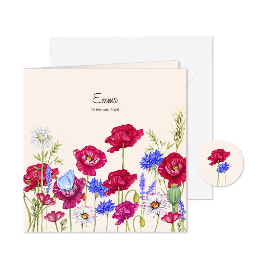 Rouwkaart veldbloemen klaprozen - Kaartimpressie