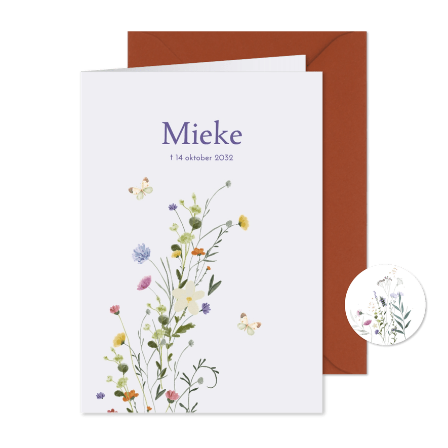Rouwkaart veldbloemen met vlinders - Kaartimpressie