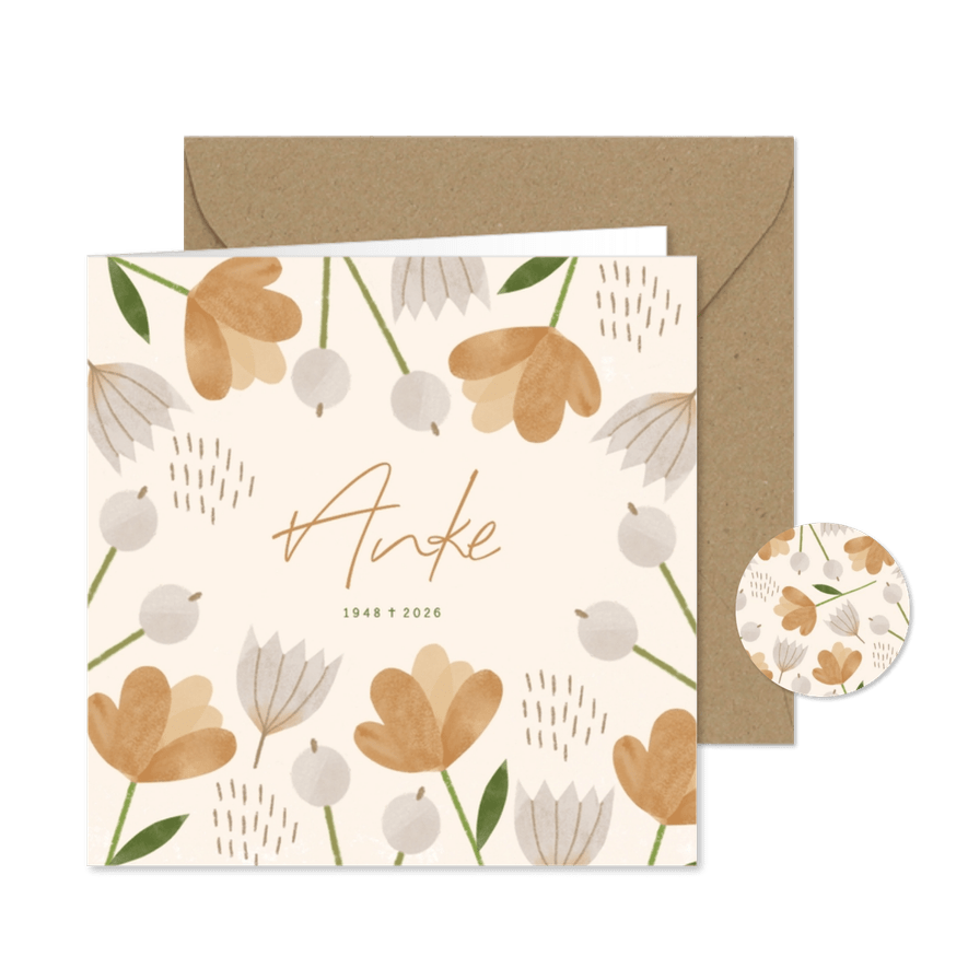 Rouwkaart vierkant vrouw bloemen oker beige - Kaartimpressie