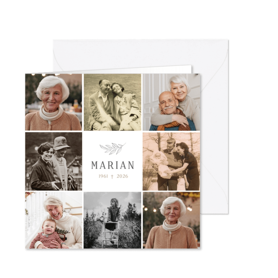 Rouwkaart vierkante fotocollage met 8 eigen foto's - Kaartimpressie