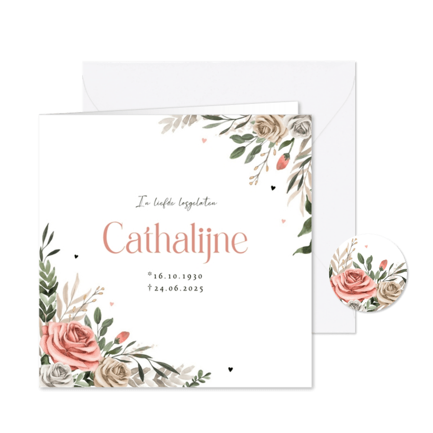 Rouwkaart vintage bloemen rozen hartjes geliefd - Kaartimpressie