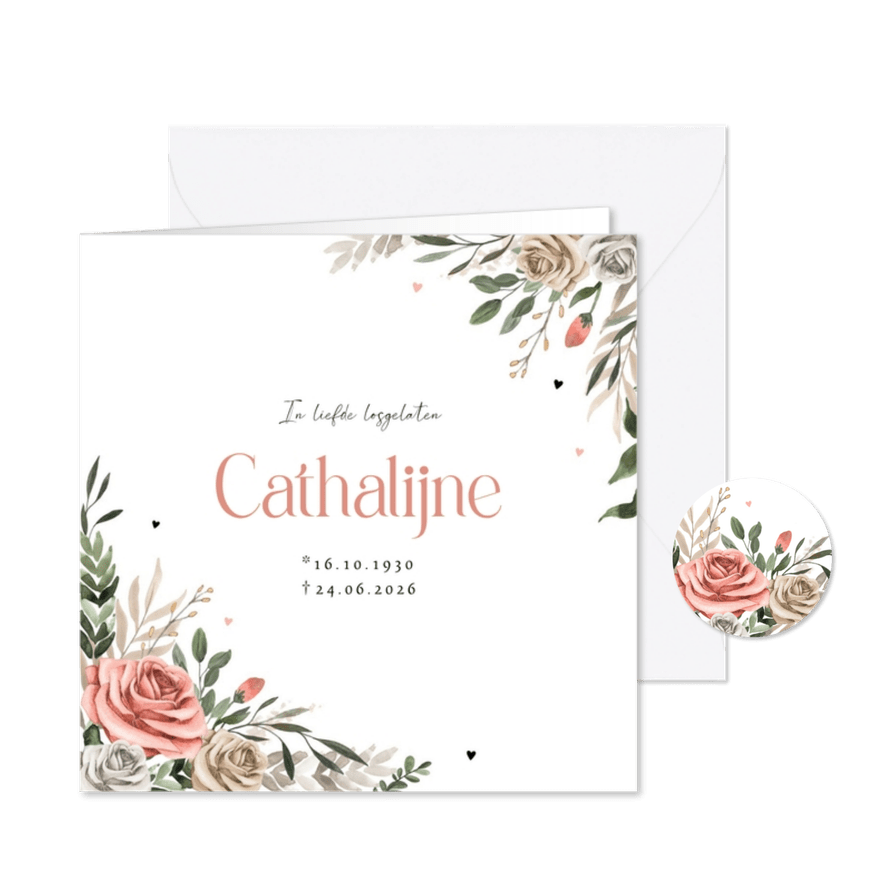Rouwkaart vintage bloemen rozen hartjes geliefd - Kaartimpressie