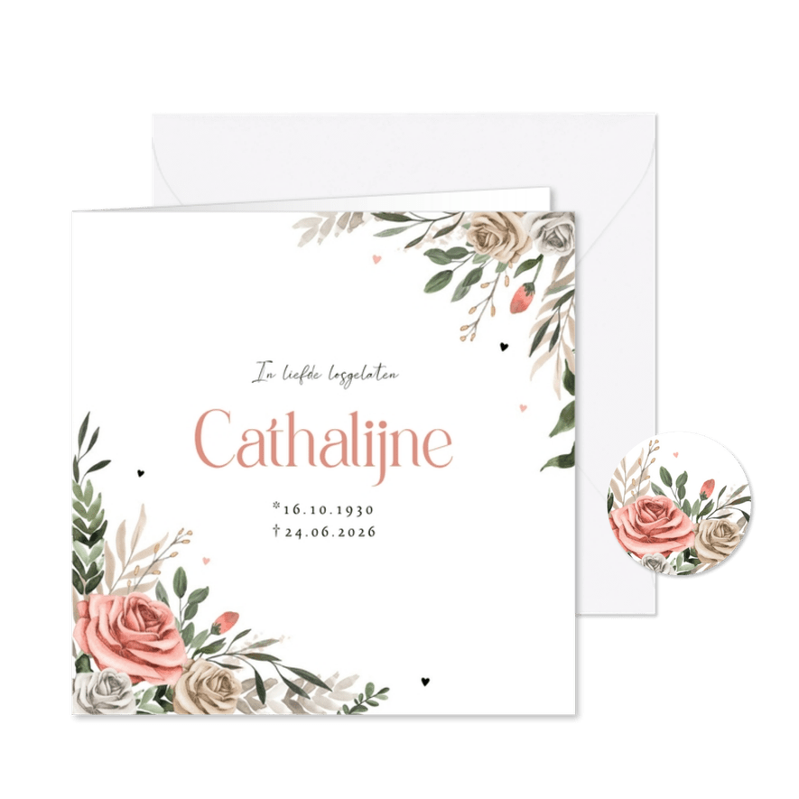 Rouwkaart vintage bloemen rozen hartjes geliefd - Kaartimpressie