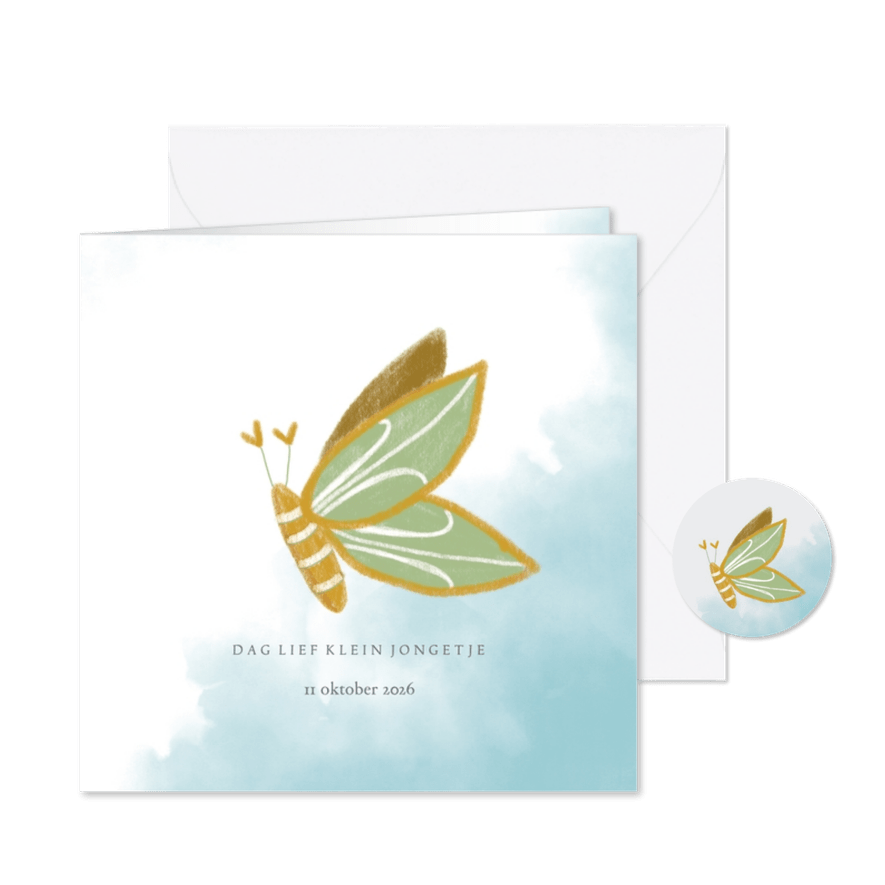Rouwkaart vlinder jongen groen met waterverf achtergrond - Kaartimpressie