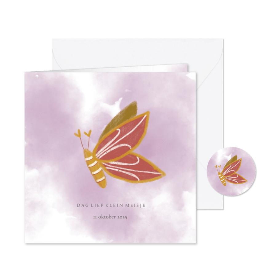 Rouwkaart vlinder meisje roze met waterverf achtergrond - Kaartimpressie