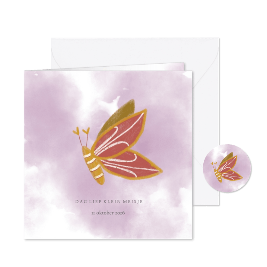 Rouwkaart vlinder meisje roze met waterverf achtergrond - Kaartimpressie