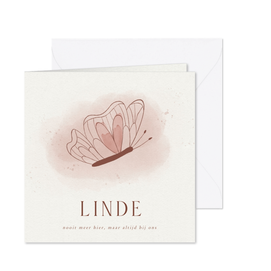 Rouwkaart vlinder met hartje en roze waterverf - Kaartimpressie