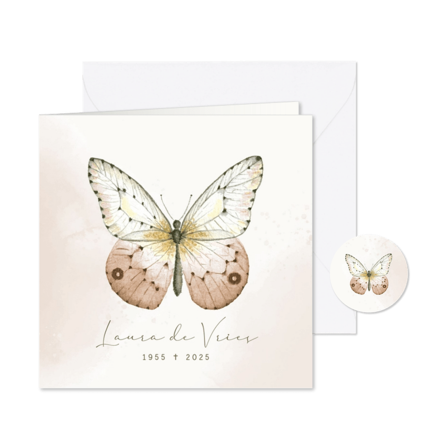 Rouwkaart - Vlinder met watercolor in sepia - Kaartimpressie