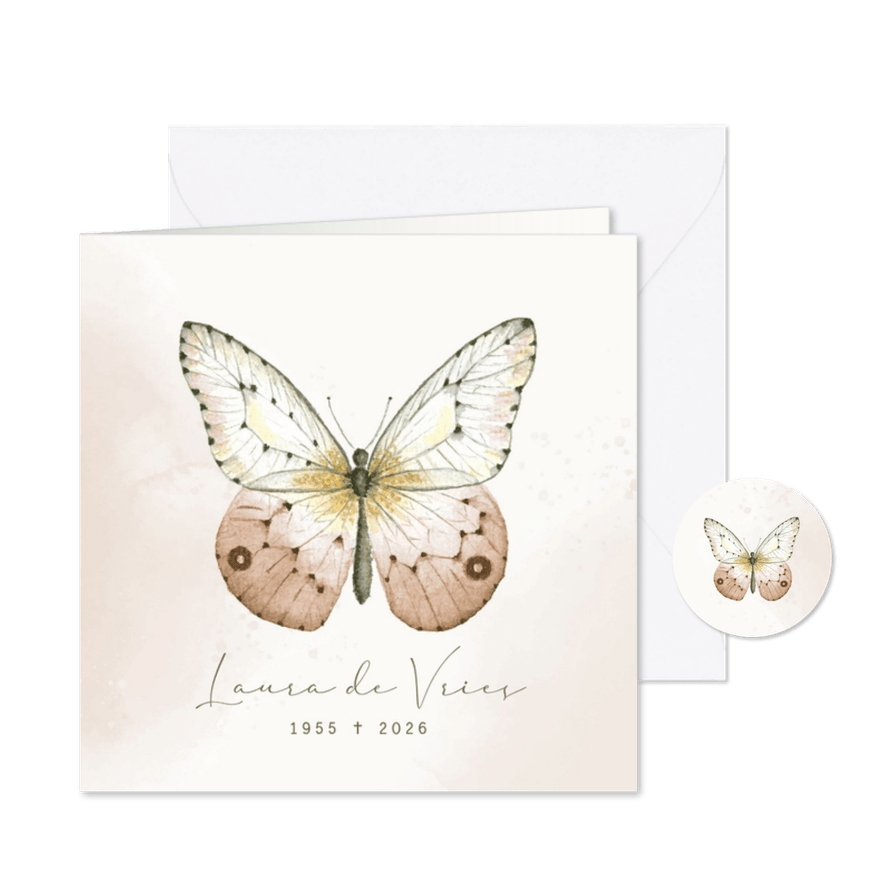 Rouwkaart - Vlinder met watercolor in sepia - Kaartimpressie