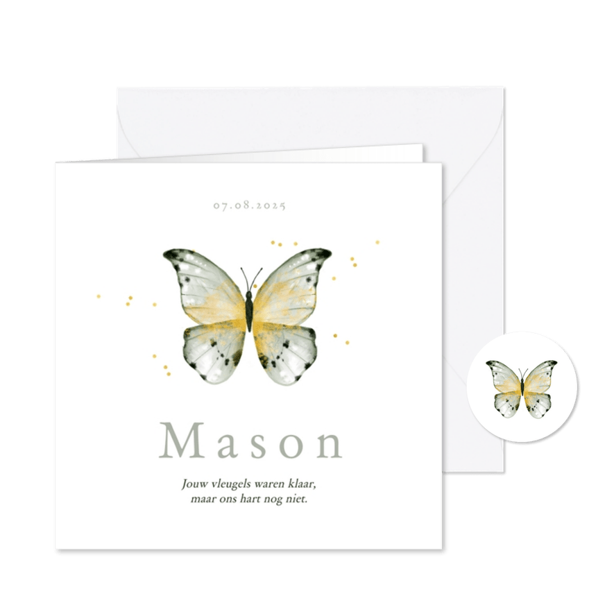 Rouwkaart vlinder waterverf goud mint stijlvol - Kaartimpressie