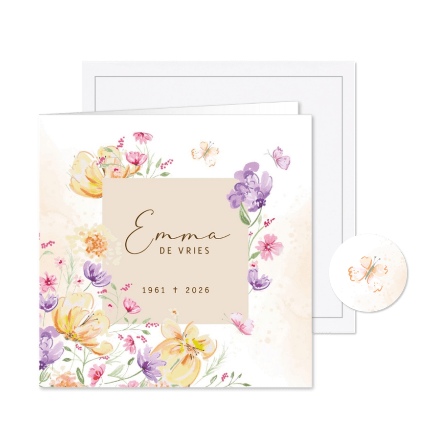 Rouwkaart - Vlinders met watercolor bloemen - Kaartimpressie
