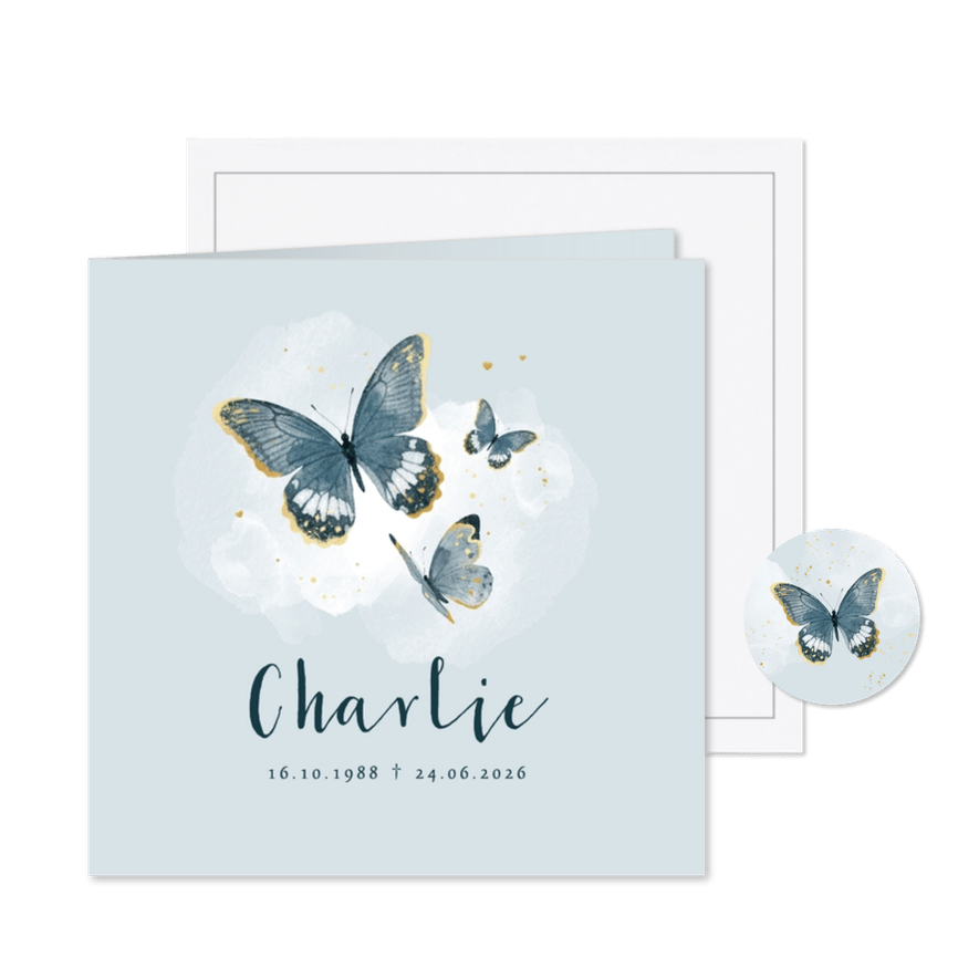 Rouwkaart vlinders waterverf blauw goud stijlvol  - Kaartimpressie