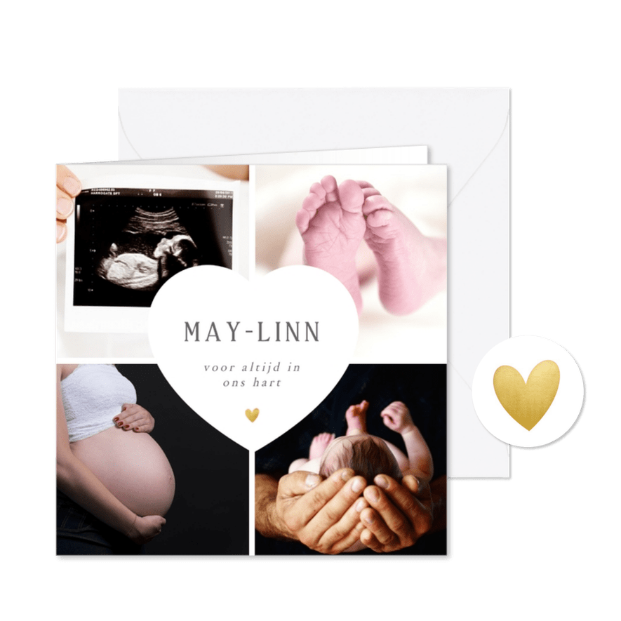 Rouwkaart voor baby of kind met een fotocollage en hartje - Kaartimpressie
