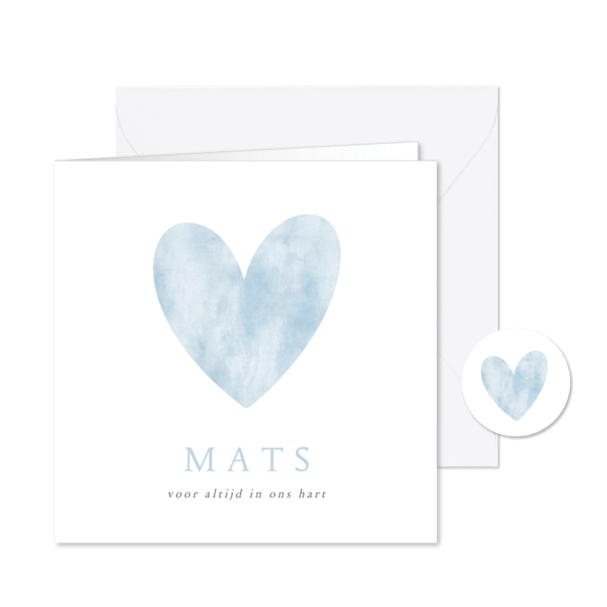 Rouwkaart voor een baby of jongen met blauw waterverf hart - Kaartimpressie