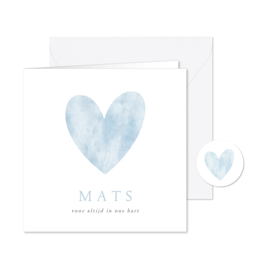 Rouwkaart voor een baby of jongen met blauw waterverf hart - Kaartimpressie