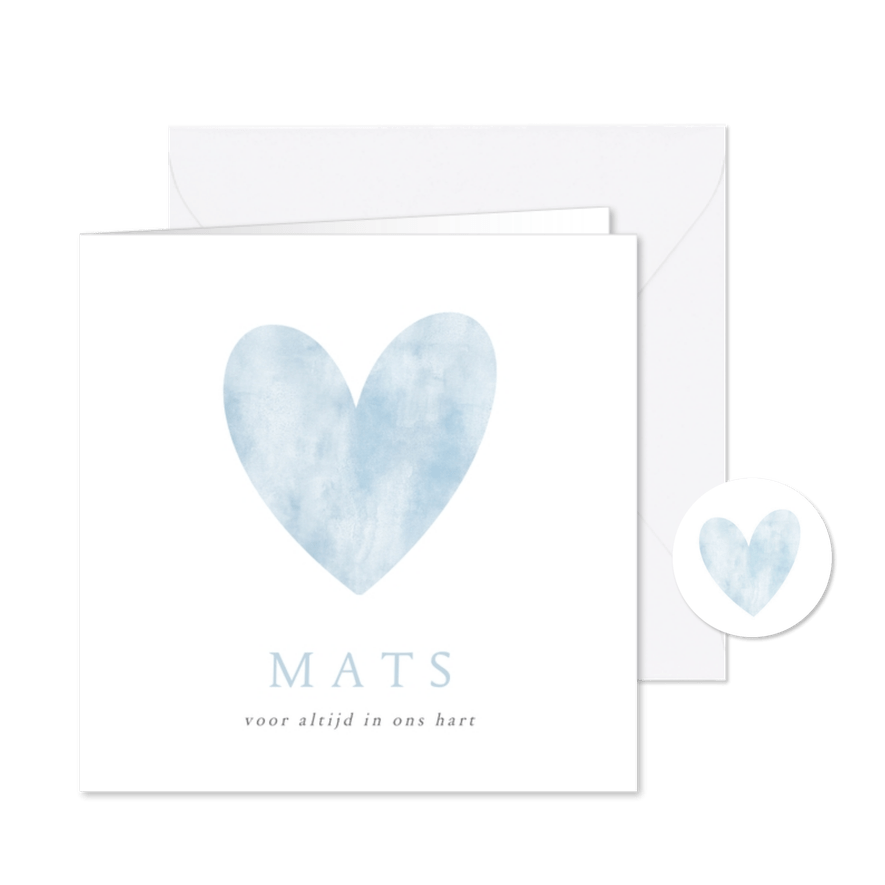 Rouwkaart voor een baby of jongen met blauw waterverf hart - Kaartimpressie