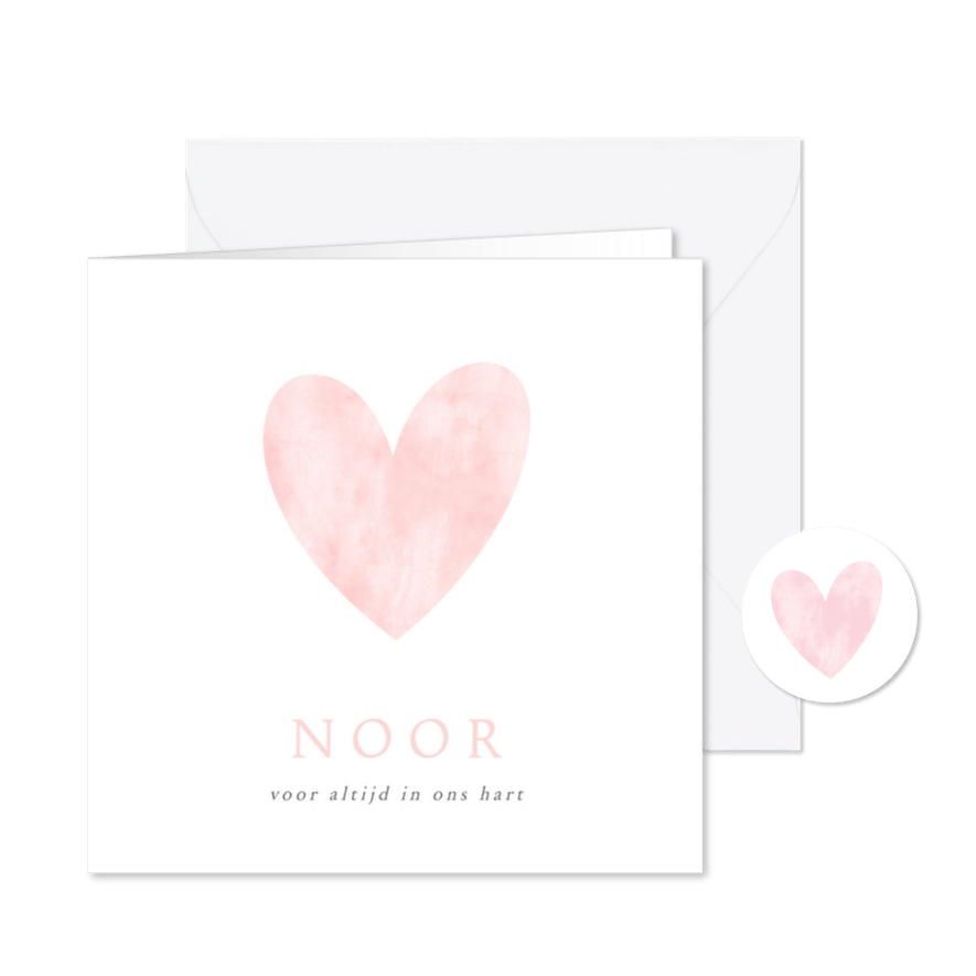 Rouwkaart voor een baby of meisje met roze waterverf hart - Kaartimpressie