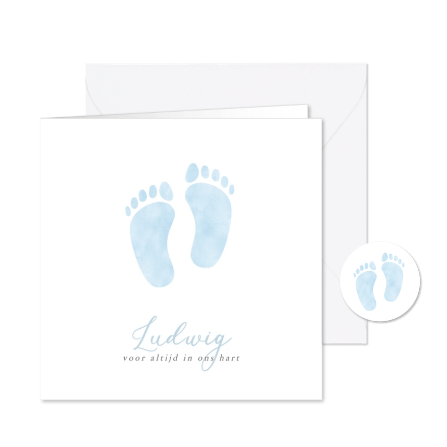 Rouwkaart voor een baby of sterrenkindje met blauwe voetjes - Kaartimpressie
