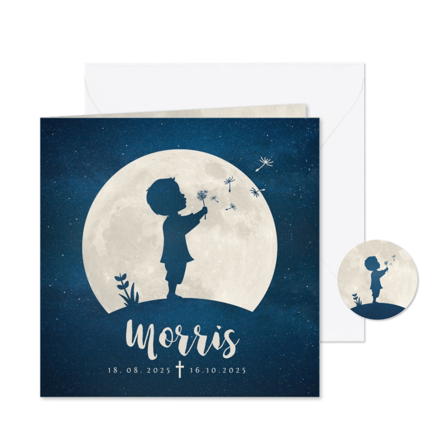 Rouwkaart voor een kind - silhouet jongen met paardenbloem - Kaartimpressie