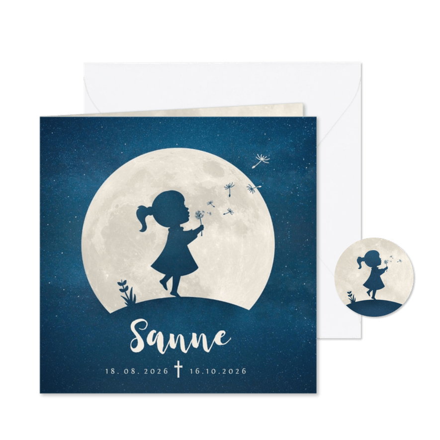 Rouwkaart voor een kind - silhouet meisje met paardenbloem - Kaartimpressie