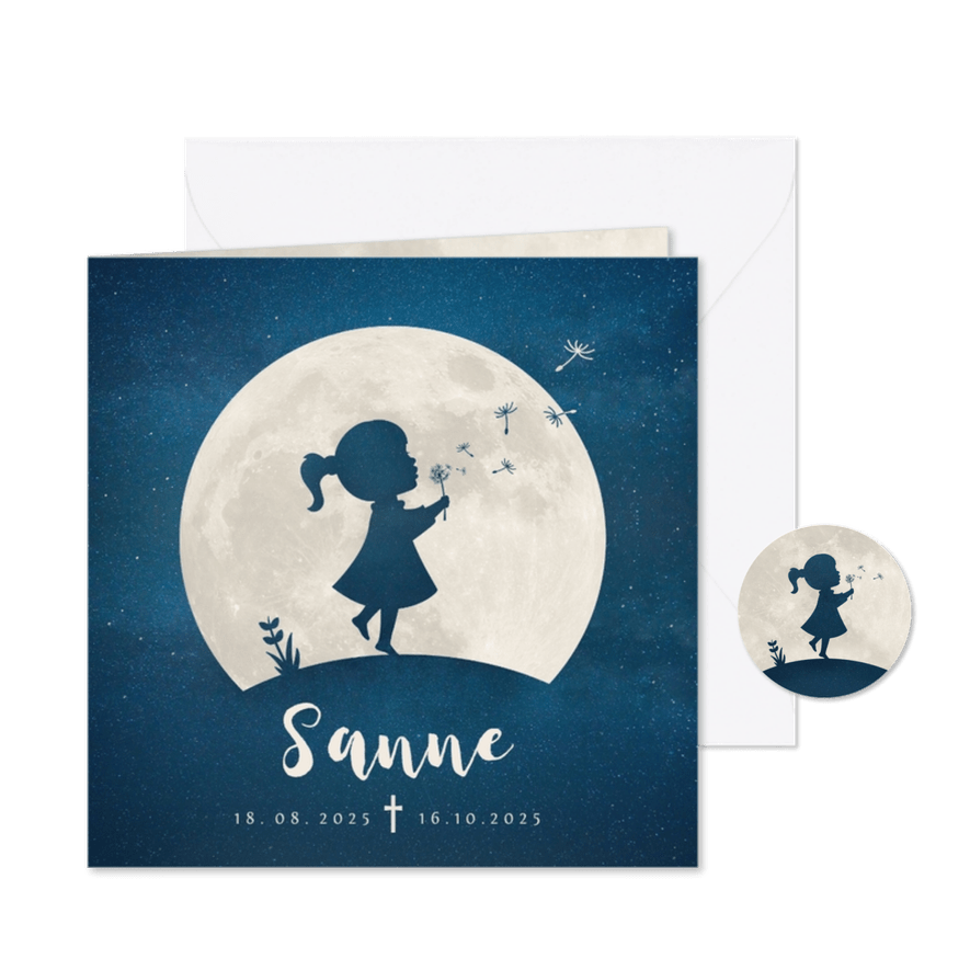 Rouwkaart voor een kind - silhouet meisje met paardenbloem - Kaartimpressie