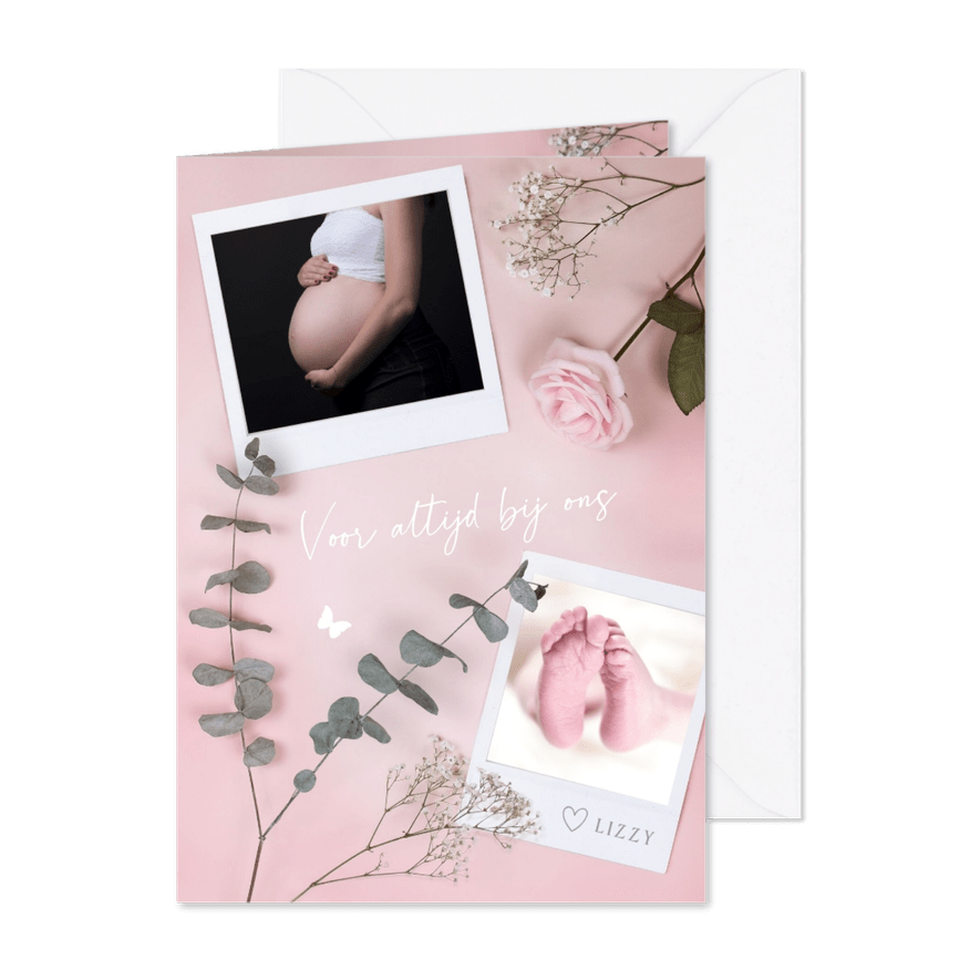 Rouwkaart voor stilgeboren baby meisje met foto's en bloemen - Kaartimpressie